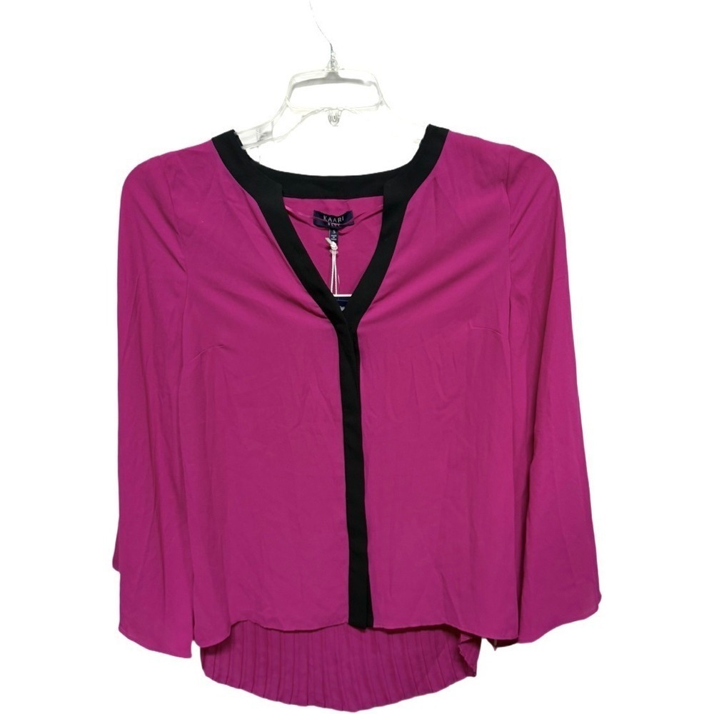 Kaari Blue Fuchsia Pink Black Pleared Back Blouse Long Sleeve Size Small NWT